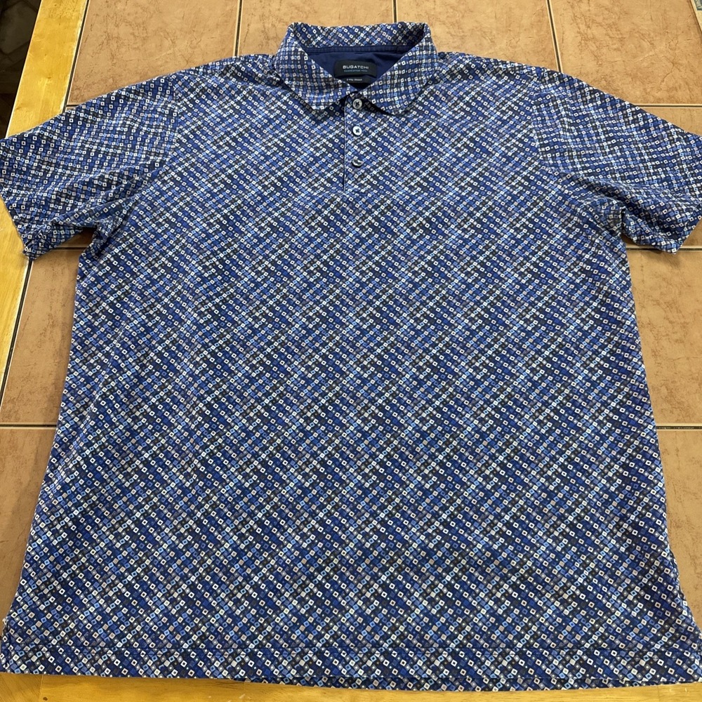 Bugatchi OoohCotton Tech 8 Way Stretch Polo Blue Checks Size XL Stretch